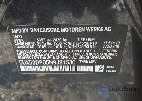 2022 BMW X3 xDrive30I z USA, uszkodzony, nr VIN 5UX53DP05N9J81530